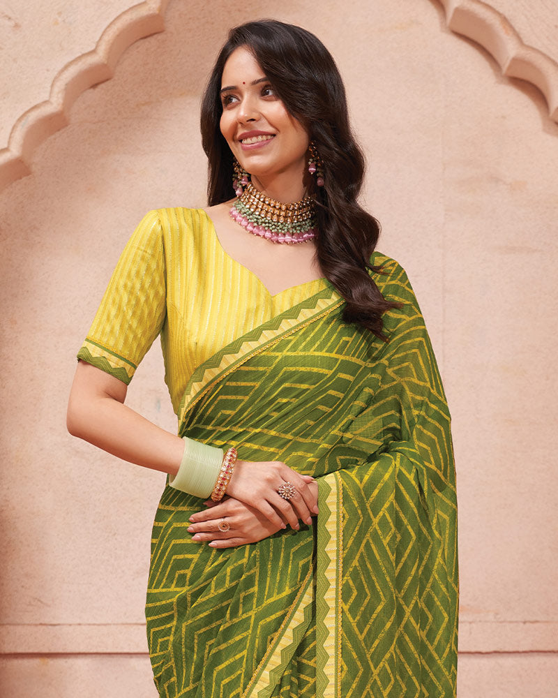 Vishal Prints Mehandi Green Printed Chiffon Saree With Fancy Border