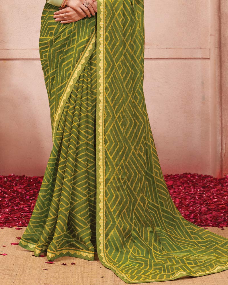 Vishal Prints Mehandi Green Printed Chiffon Saree With Fancy Border