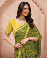 Vishal Prints Mehandi Green Printed Chiffon Saree With Fancy Border