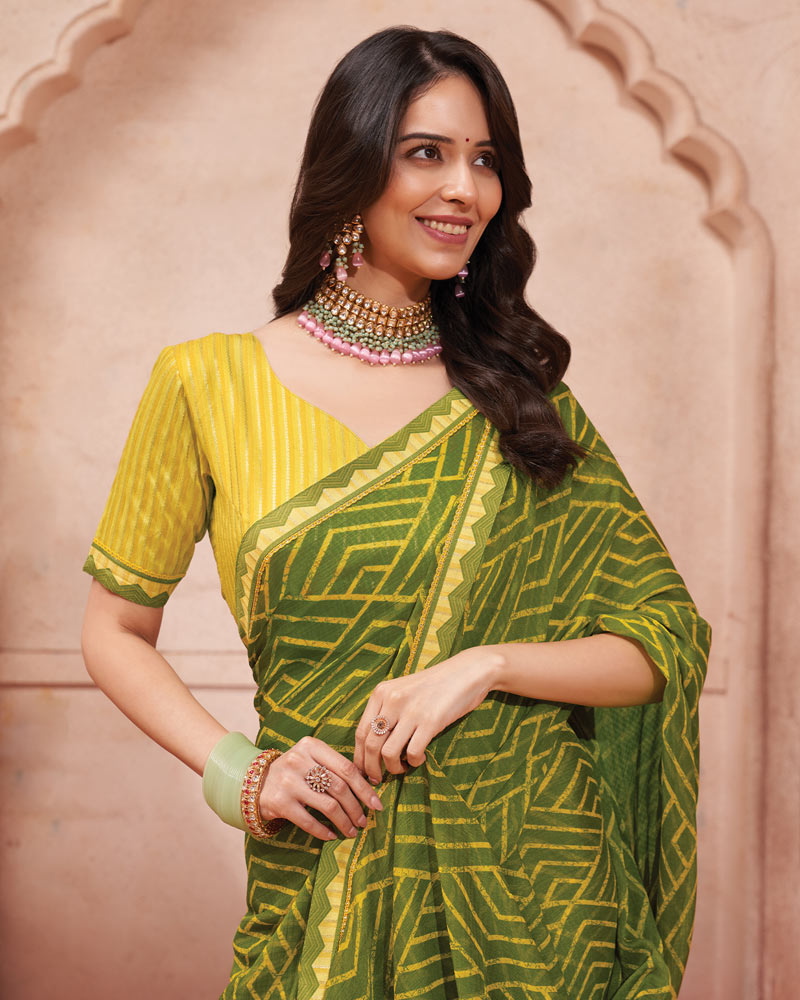 Vishal Prints Mehandi Green Printed Chiffon Saree With Fancy Border