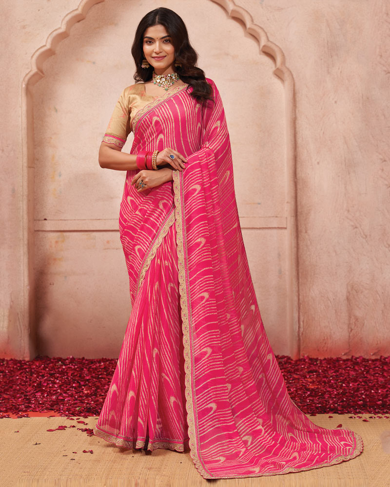 Vishal Prints Amaranth Pink Printed Chiffon Saree With Cut Work Embroidery
