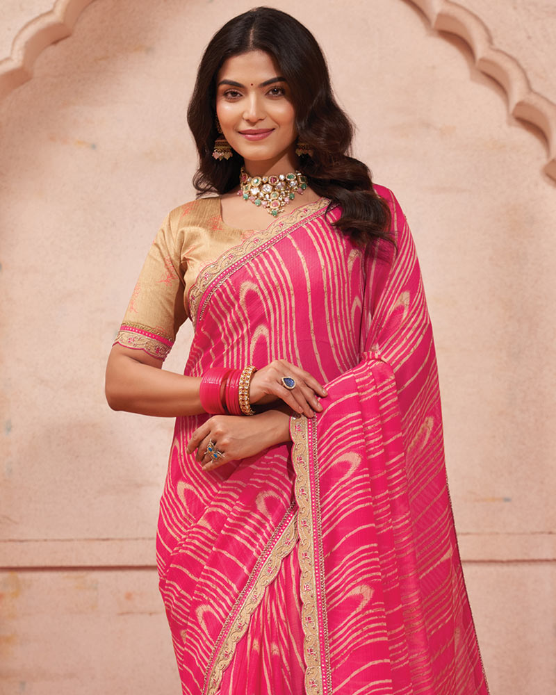 Vishal Prints Amaranth Pink Printed Chiffon Saree With Cut Work Embroidery