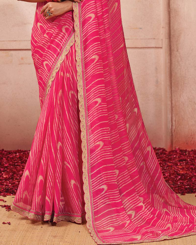 Vishal Prints Amaranth Pink Printed Chiffon Saree With Cut Work Embroidery