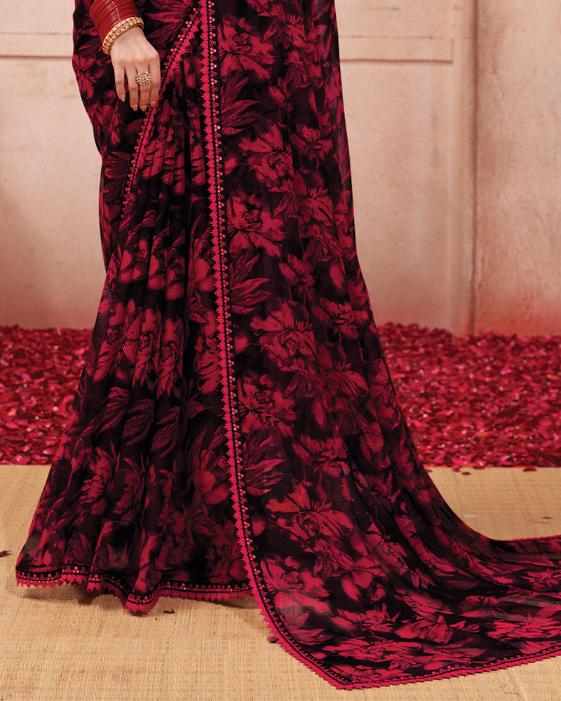 Vishal Prints Radical Red Printed Chiffon Saree With Fancy Border
