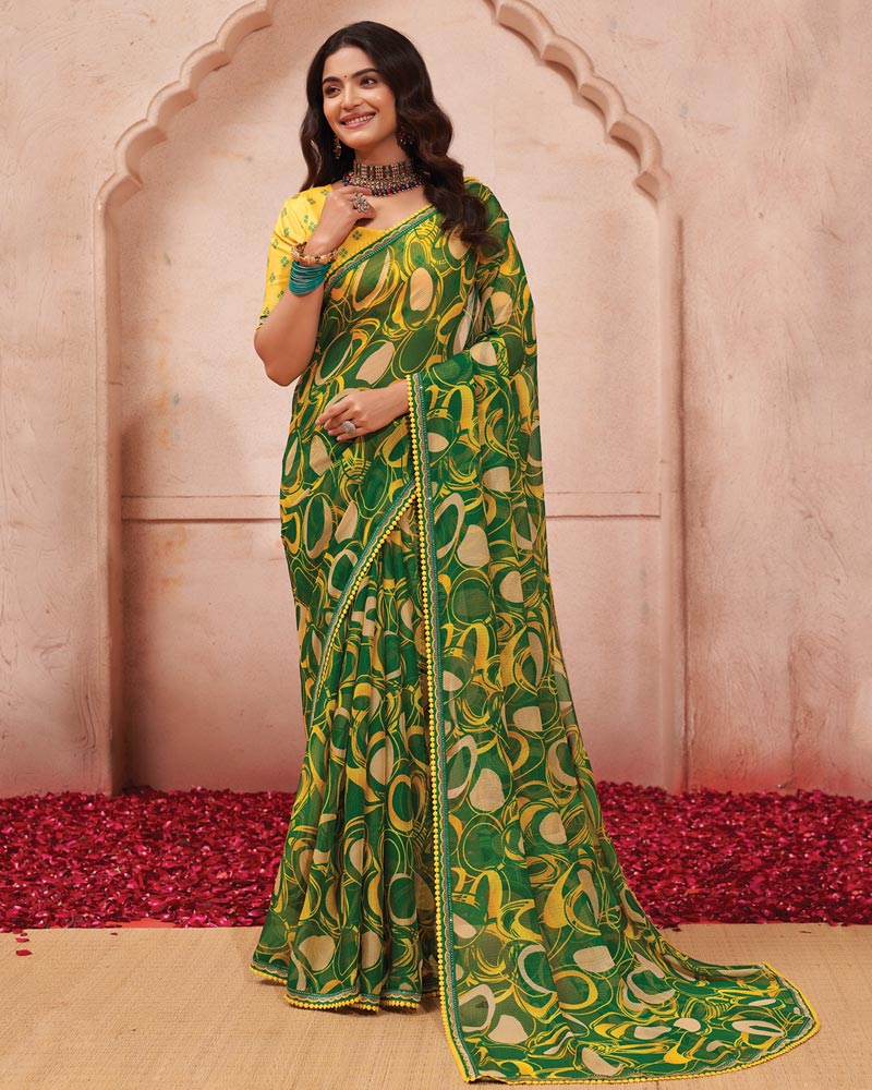 Vishal Prints Pine Green Printed Chiffon Saree With Fancy Border