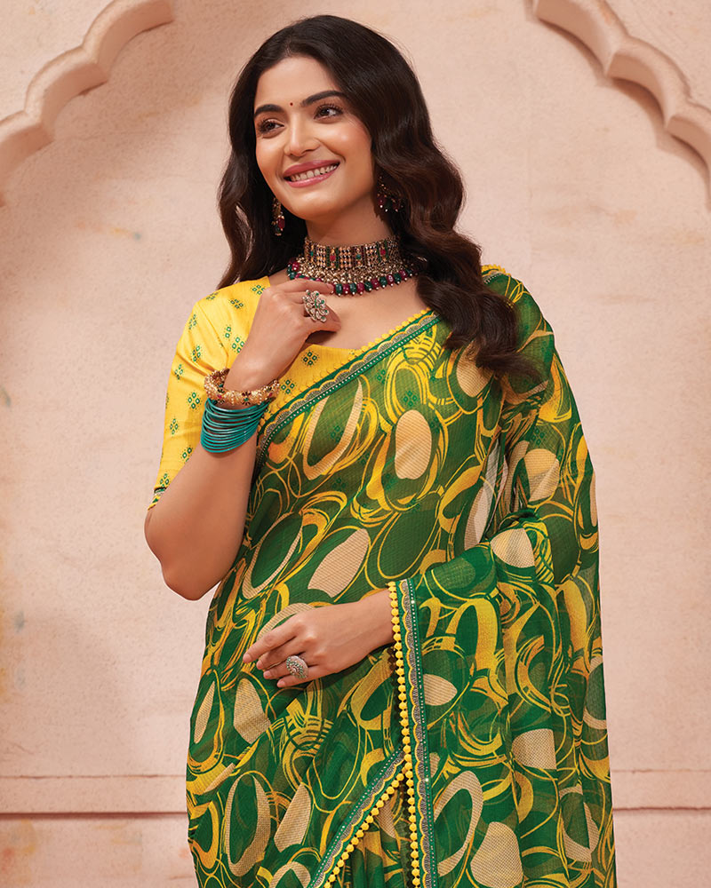 Vishal Prints Pine Green Printed Chiffon Saree With Fancy Border