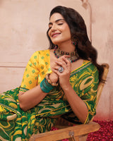 Vishal Prints Pine Green Printed Chiffon Saree With Fancy Border