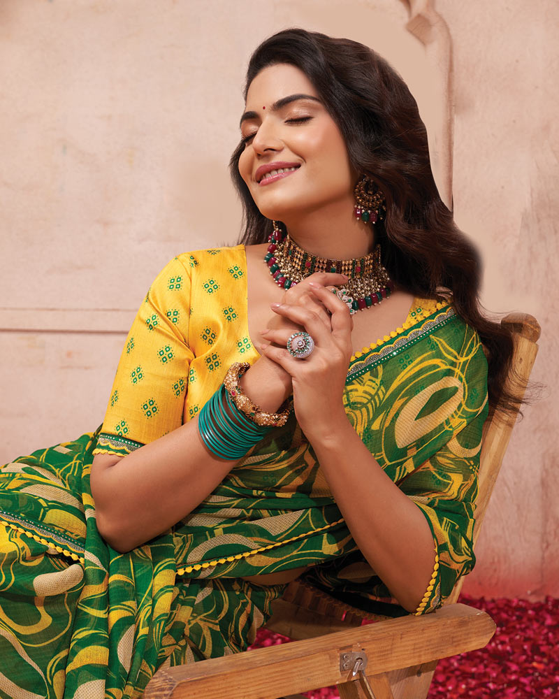 Vishal Prints Pine Green Printed Chiffon Saree With Fancy Border