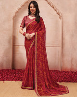 Vishal Prints Brick Red Printed Chiffon Saree With Fancy Border