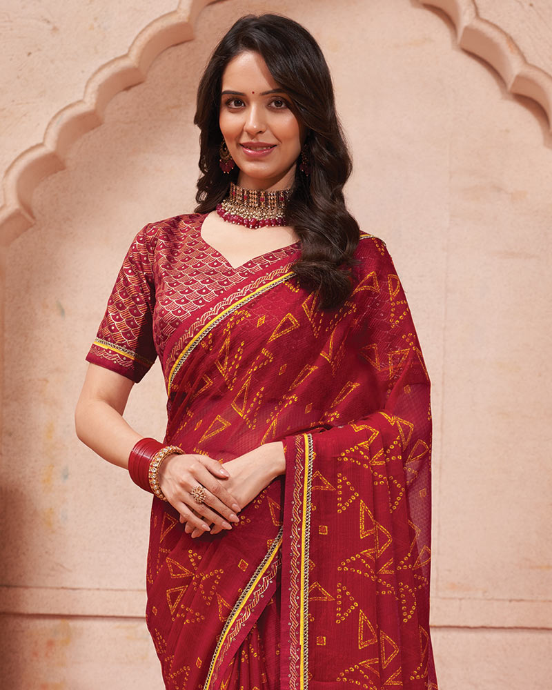 Vishal Prints Brick Red Printed Chiffon Saree With Fancy Border