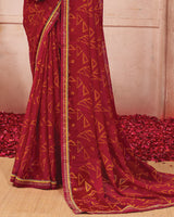 Vishal Prints Brick Red Printed Chiffon Saree With Fancy Border