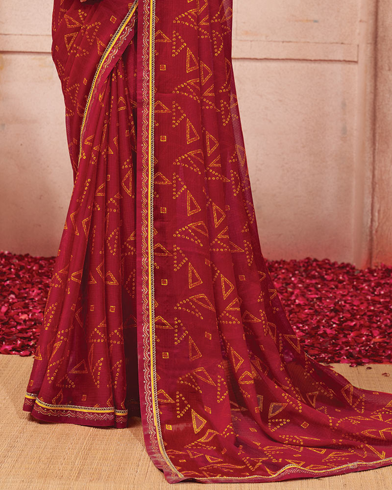Vishal Prints Brick Red Printed Chiffon Saree With Fancy Border