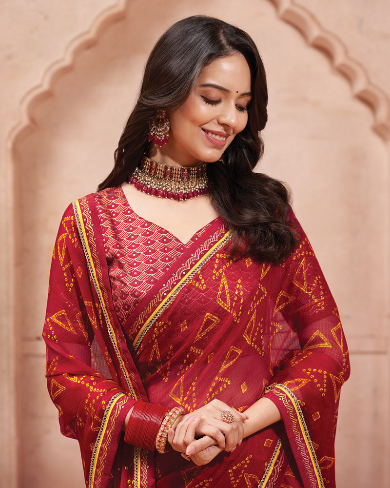 Vishal Prints Brick Red Printed Chiffon Saree With Fancy Border