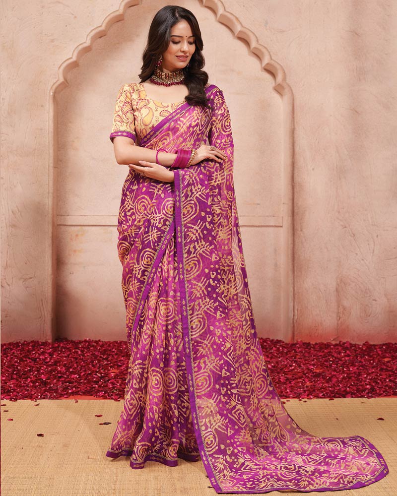 Vishal Prints Warm Purple Printed Chiffon Saree With Fancy Border