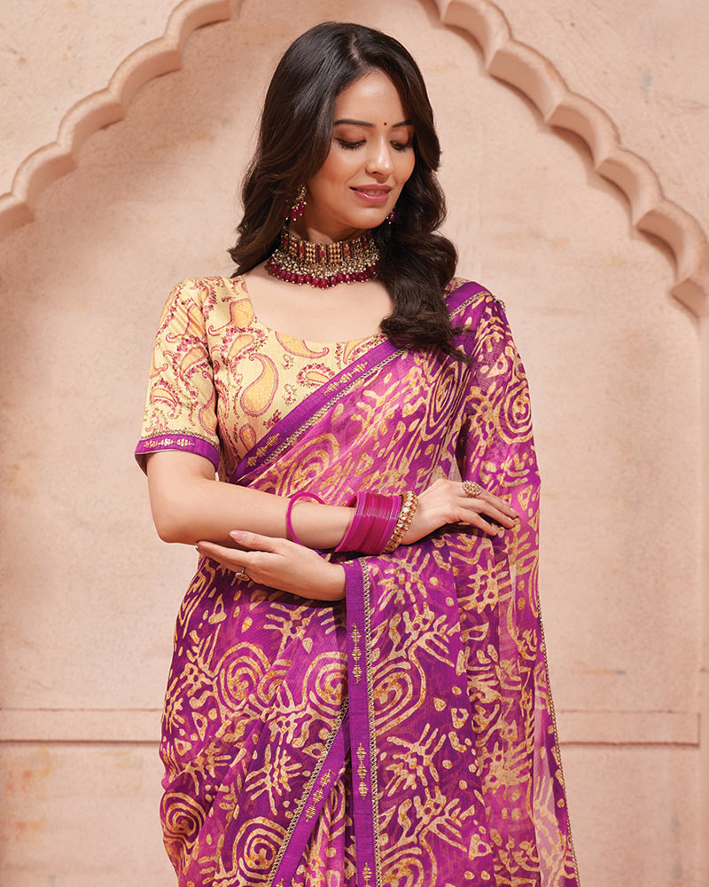 Vishal Prints Warm Purple Printed Chiffon Saree With Fancy Border