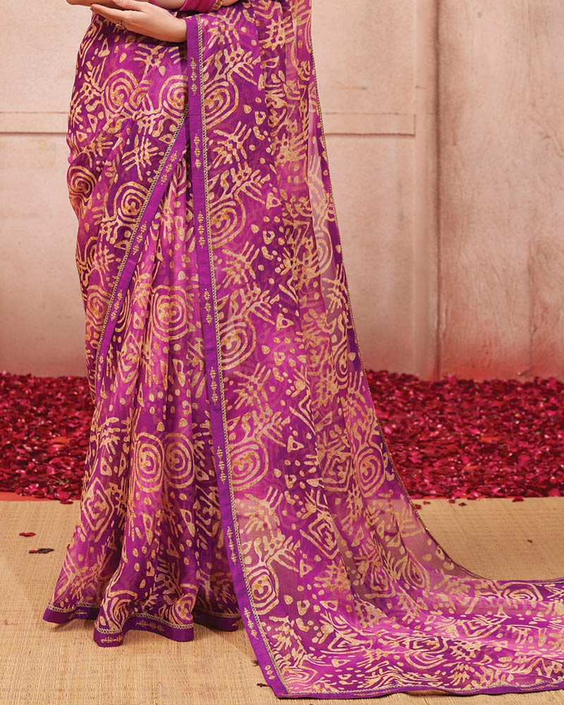 Vishal Prints Warm Purple Printed Chiffon Saree With Fancy Border