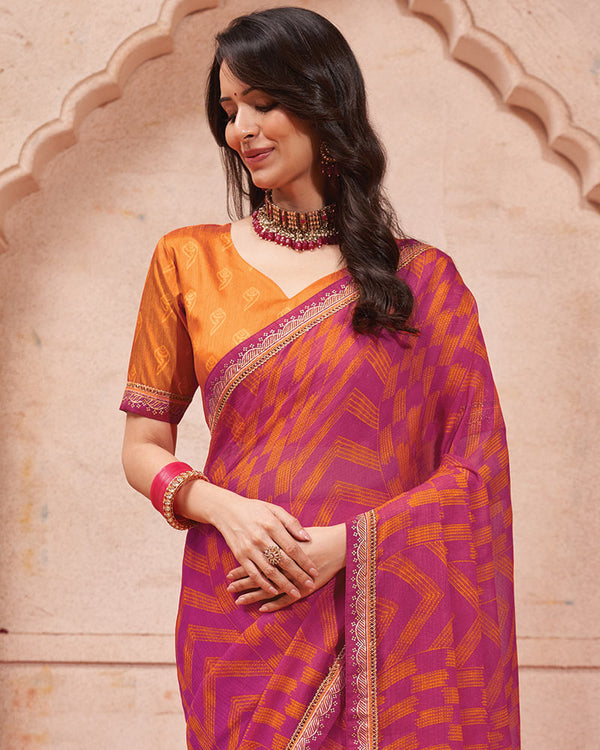 Vishal Prints Dark Raspberry Pink Printed Chiffon Saree With Fancy Border