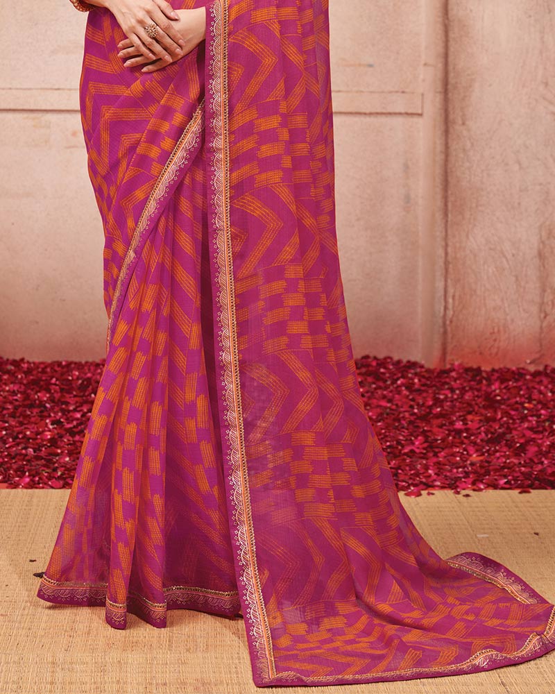 Vishal Prints Dark Raspberry Pink Printed Chiffon Saree With Fancy Border