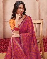 Vishal Prints Dark Raspberry Pink Printed Chiffon Saree With Fancy Border