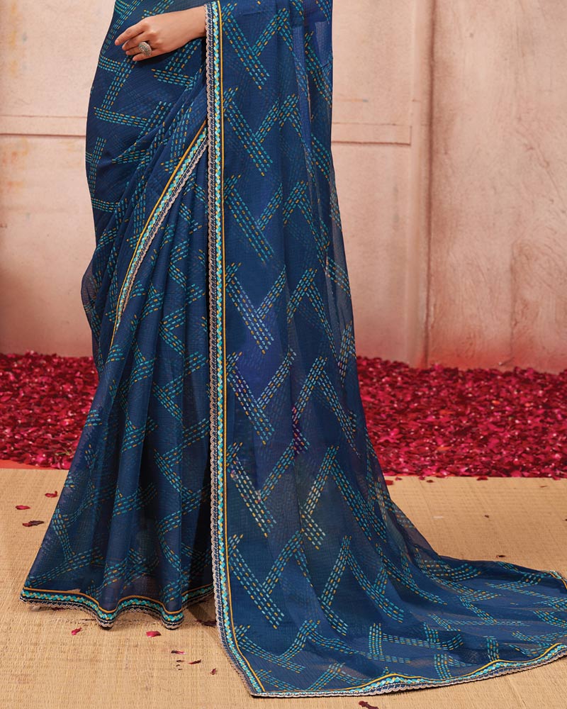 Vishal Prints Ink Blue Printed Chiffon Saree With Fancy Border