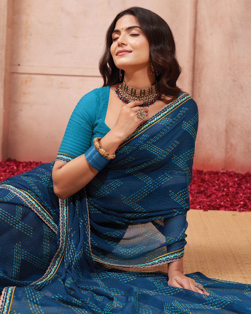 Vishal Prints Ink Blue Printed Chiffon Saree With Fancy Border
