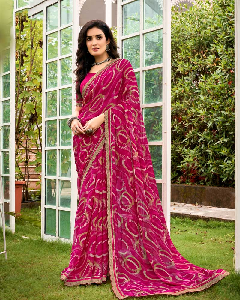 Vishal Prints Purplish Red Printed Chiffon Saree With Fancy Cut Work Border