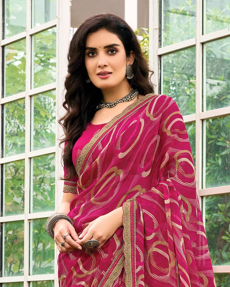 Vishal Prints Purplish Red Printed Chiffon Saree With Fancy Cut Work Border