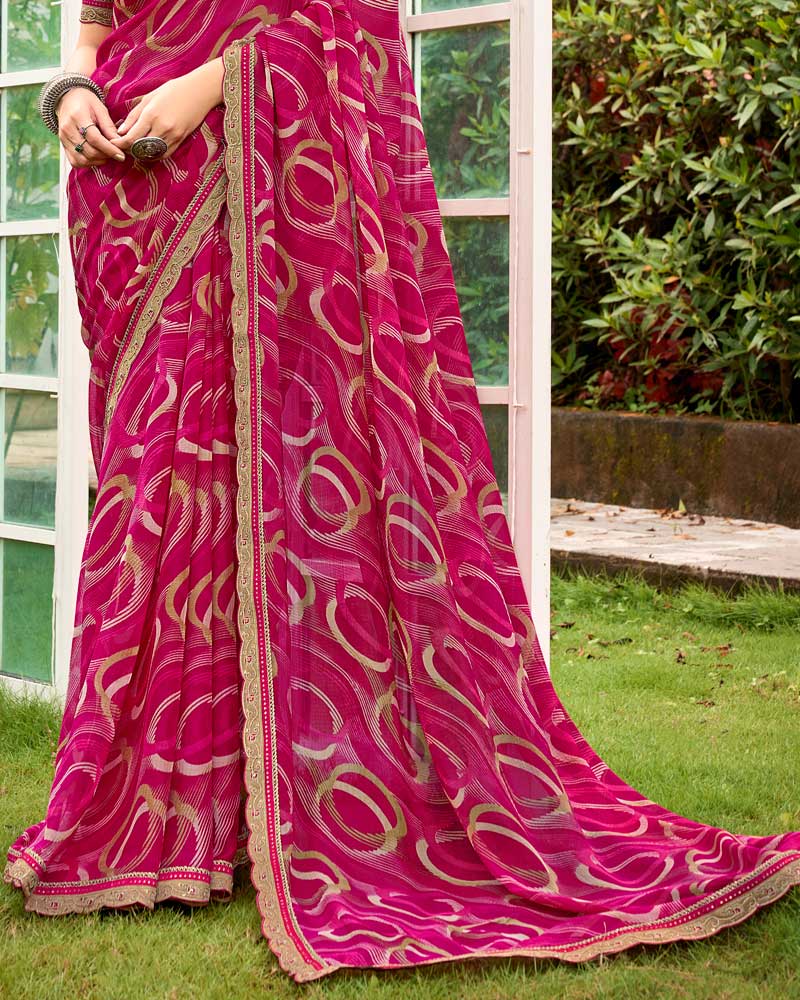 Vishal Prints Purplish Red Printed Chiffon Saree With Fancy Cut Work Border