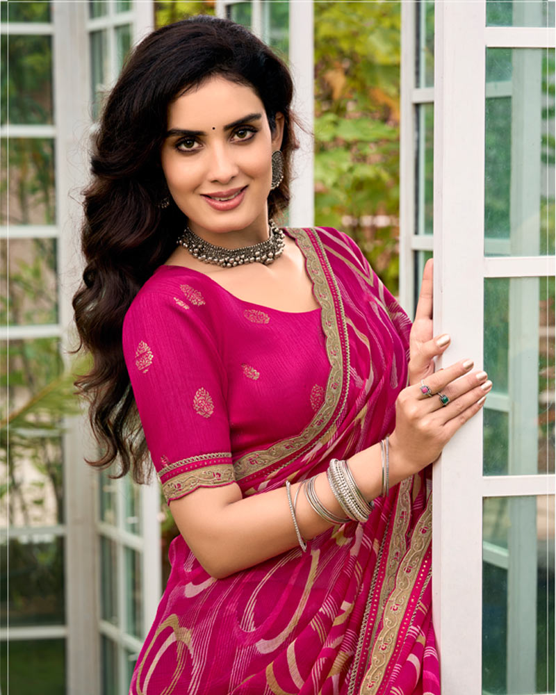 Vishal Prints Purplish Red Printed Chiffon Saree With Fancy Cut Work Border