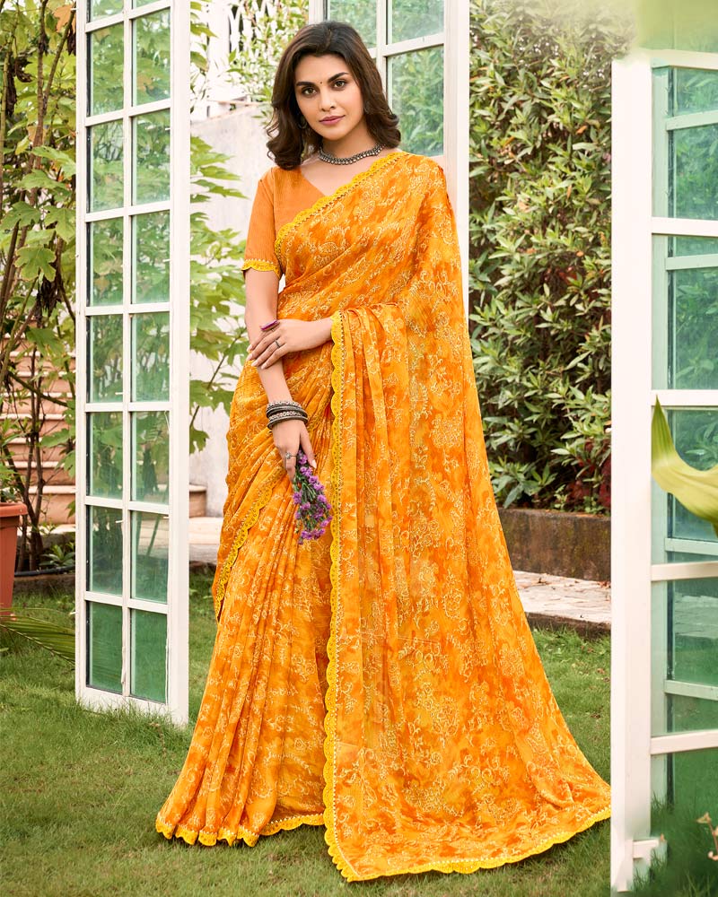 Vishal Prints Dark Orange Printed Chiffon Saree With Fancy Cut Work Border