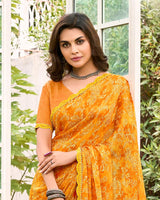 Vishal Prints Dark Orange Printed Chiffon Saree With Fancy Cut Work Border