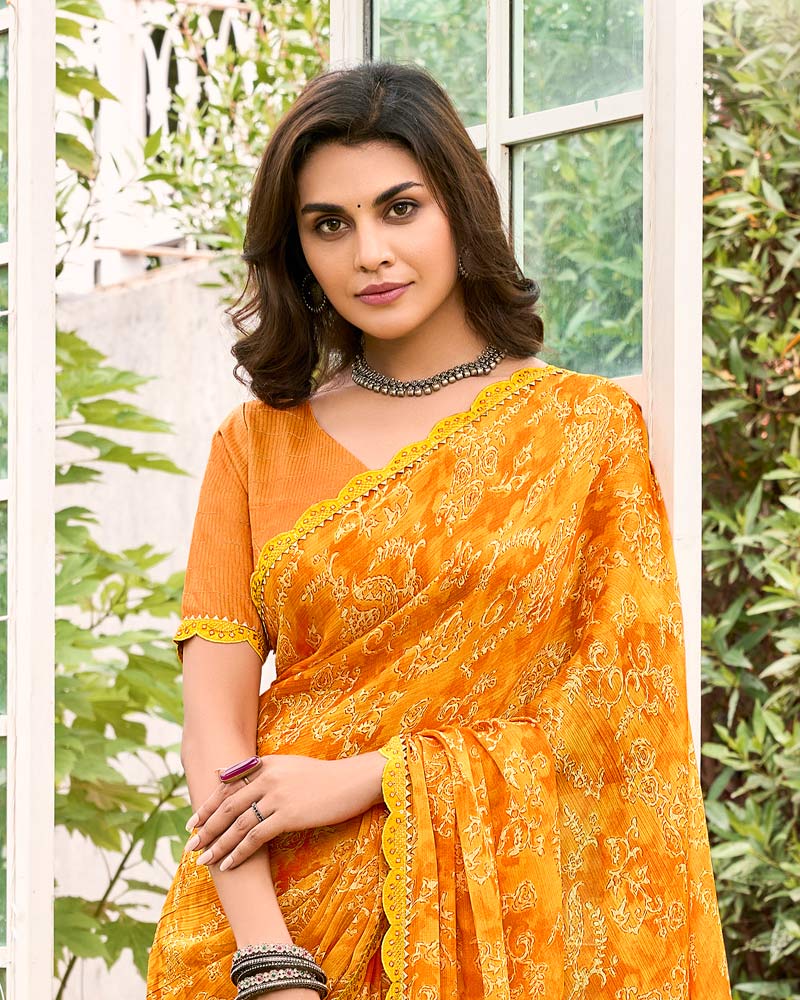 Vishal Prints Dark Orange Printed Chiffon Saree With Fancy Cut Work Border