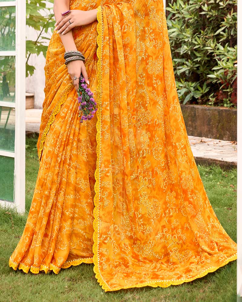Vishal Prints Dark Orange Printed Chiffon Saree With Fancy Cut Work Border