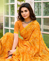 Vishal Prints Dark Orange Printed Chiffon Saree With Fancy Cut Work Border