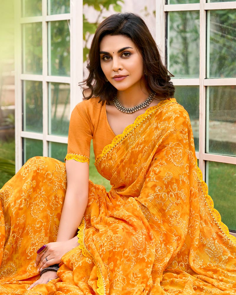 Vishal Prints Dark Orange Printed Chiffon Saree With Fancy Cut Work Border