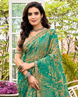 Vishal Prints Persian Green Printed Chiffon Saree With Fancy Border