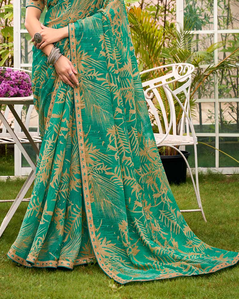 Vishal Prints Persian Green Printed Chiffon Saree With Fancy Border