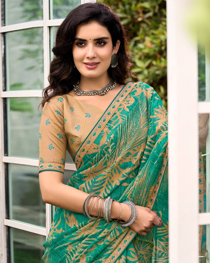 Vishal Prints Persian Green Printed Chiffon Saree With Fancy Border