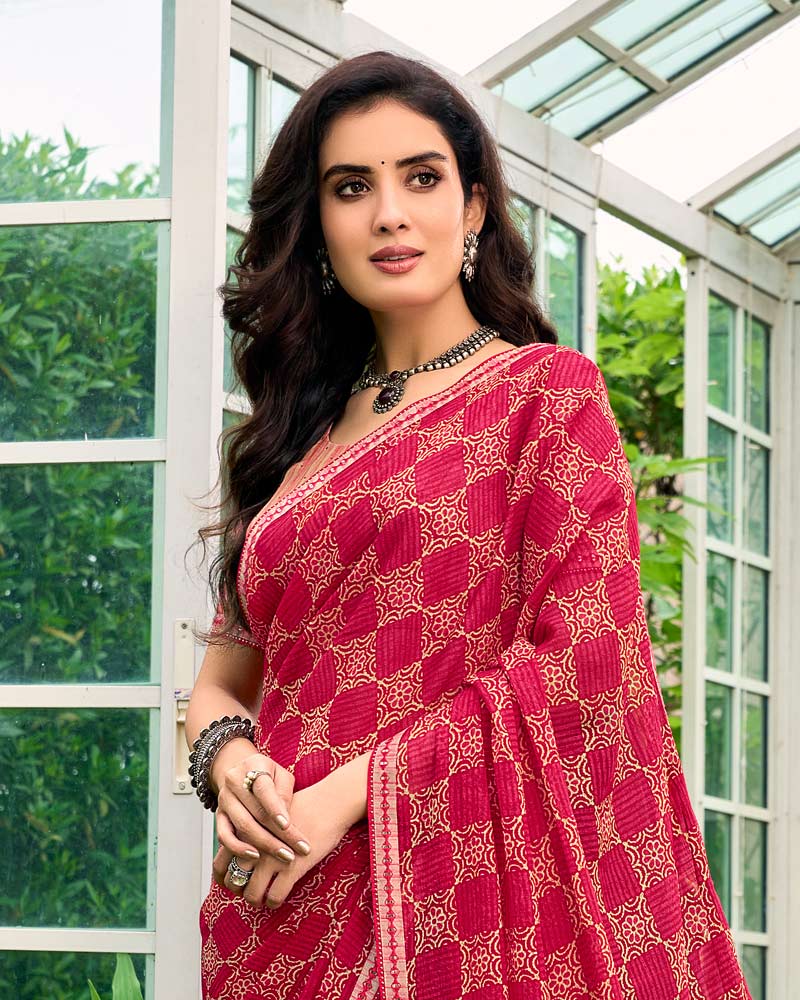 Vishal Prints Amaranth Pink Printed Chiffon Saree With Fancy Border