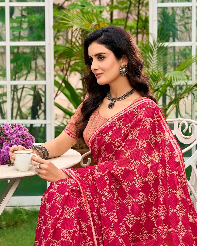 Vishal Prints Amaranth Pink Printed Chiffon Saree With Fancy Border