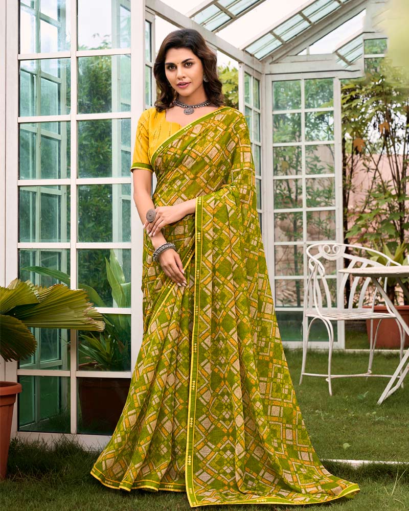 Vishal Prints Mehandi Green Printed Chiffon Saree With Fancy Border