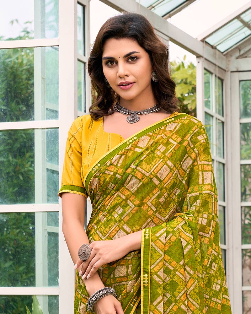 Vishal Prints Mehandi Green Printed Chiffon Saree With Fancy Border