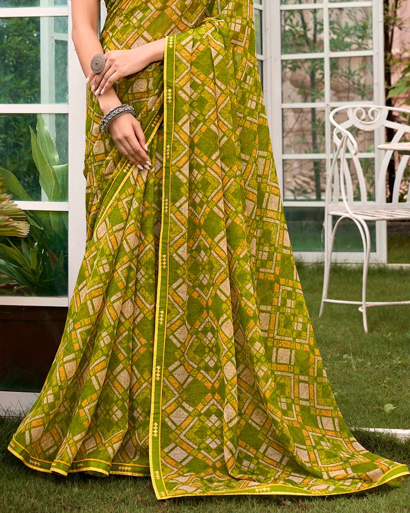 Vishal Prints Mehandi Green Printed Chiffon Saree With Fancy Border
