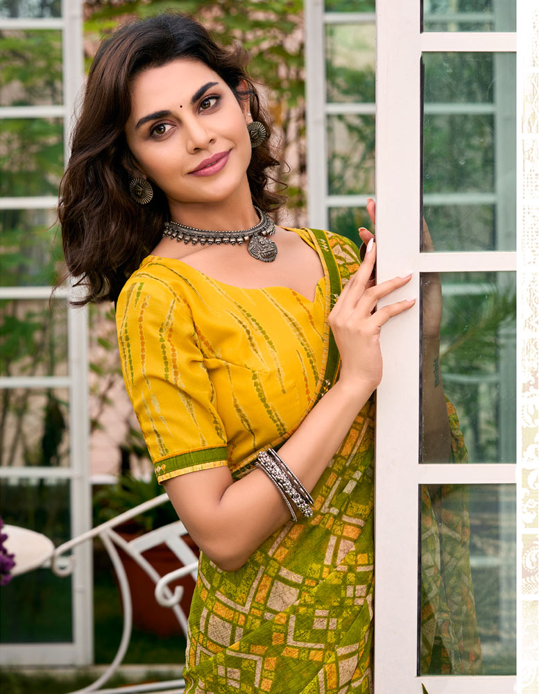 Vishal Prints Mehandi Green Printed Chiffon Saree With Fancy Border