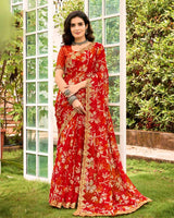 Vishal Prints Venetian Red Printed Chiffon Saree With Fancy Cut Work Border