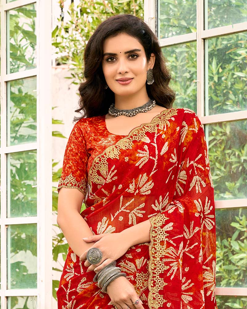 Vishal Prints Venetian Red Printed Chiffon Saree With Fancy Cut Work Border