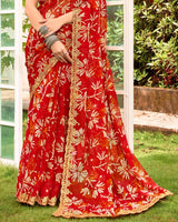 Vishal Prints Venetian Red Printed Chiffon Saree With Fancy Cut Work Border