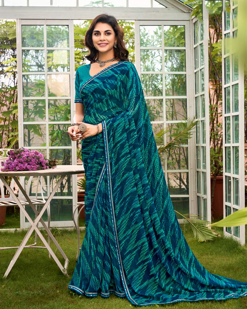 Vishal Prints Prussian Blue Printed Chiffon Saree With Fancy Border