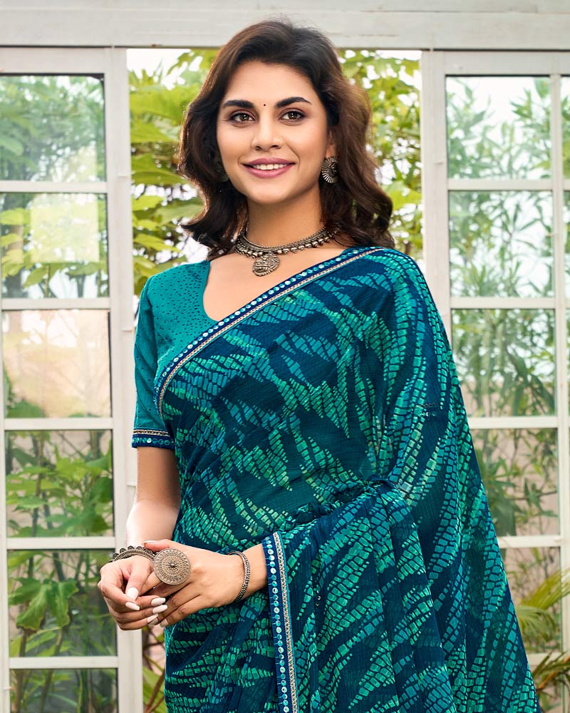 Vishal Prints Prussian Blue Printed Chiffon Saree With Fancy Border