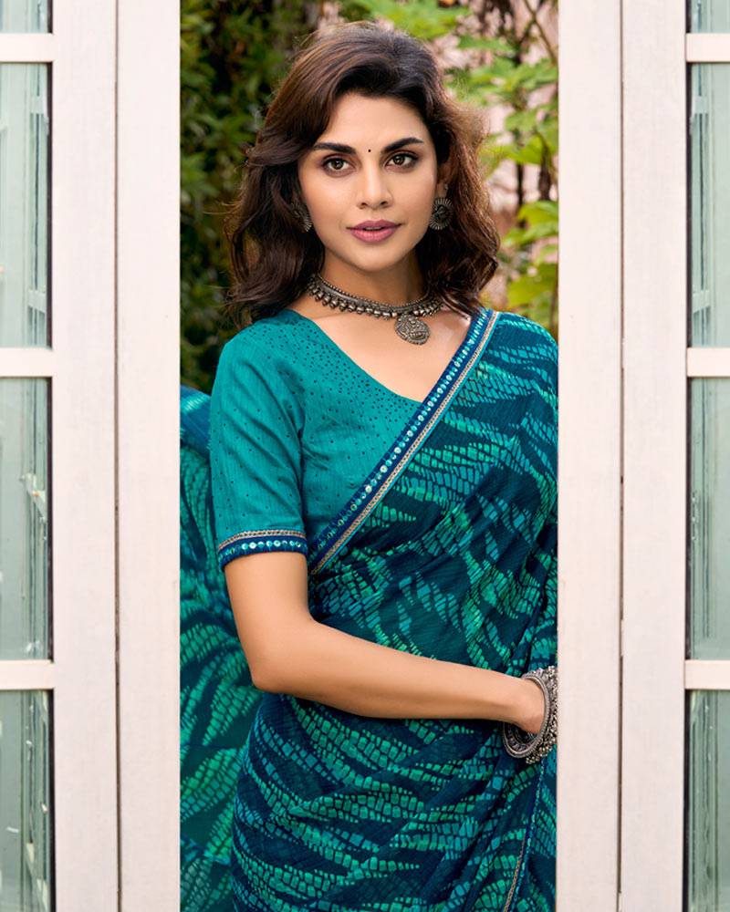Vishal Prints Prussian Blue Printed Chiffon Saree With Fancy Border